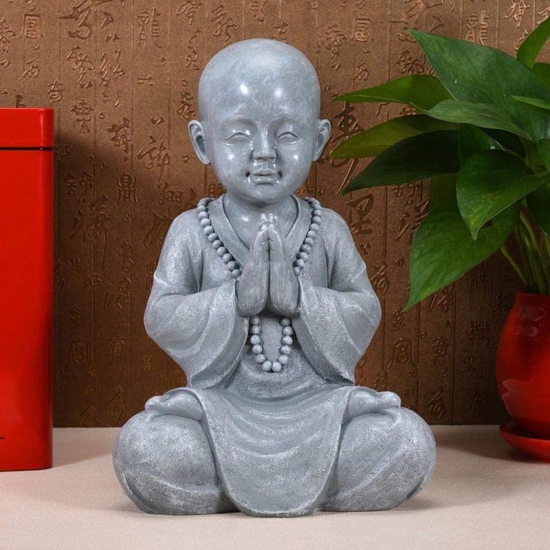 Goodeco Meditating Baby Buddha Statue Figurine - Zen Garden Monk Sculpture,Indoor/Outdoor Decor for Home,Garden Patio Deck Yard Art Decoration- with Natural Wood Beaded Necklace 11.2" (Gray) - Image 5